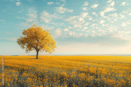 solitary golden tree standing in vast field of vibrant yellow wildflowers endless horizon dreamlike pastoral landscape warm sunlight impressionistic style © furyon
