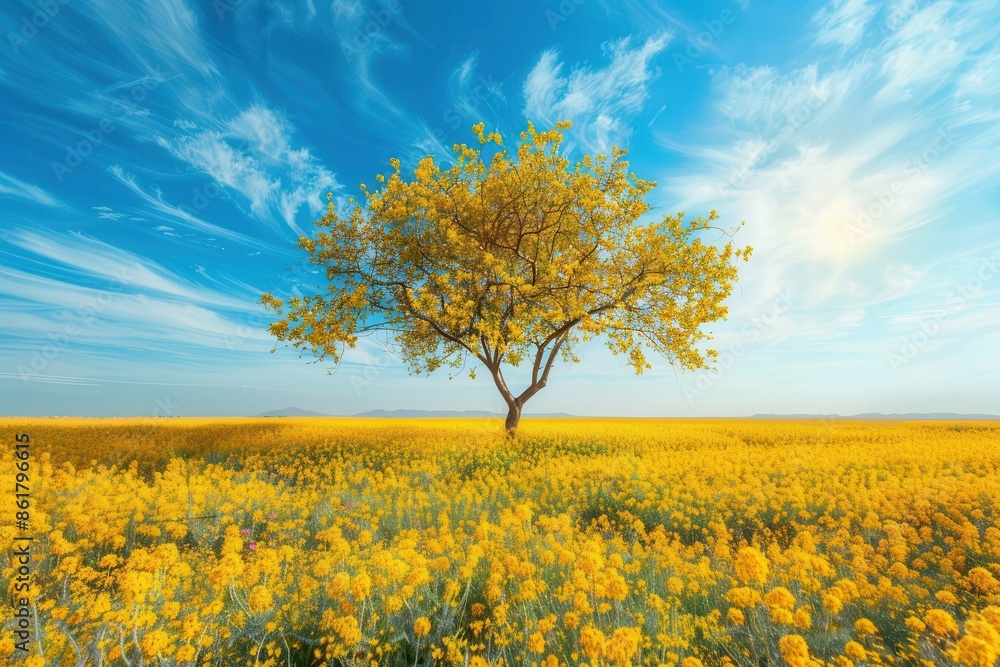 solitary golden tree standing in vast field of vibrant yellow wildflowers endless horizon dreamlike pastoral landscape warm sunlight impressionistic style solitary golden tree standing in vast field of vibrant yellow wildflowers endless horizon dreamlike pastoral landscape warm sunlight impressionistic style