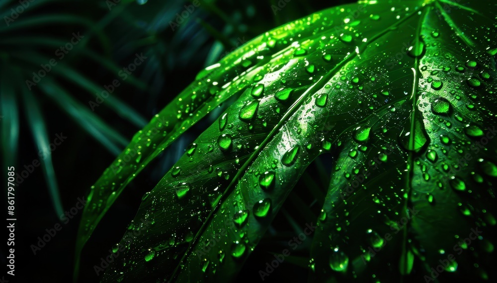 Close-up of vibrant green leaves covered in fresh water droplets, creating a refreshing and natural feel in a dark background. Close-up of vibrant green leaves covered in fresh water droplets, creating a refreshing and natural feel in a dark background.