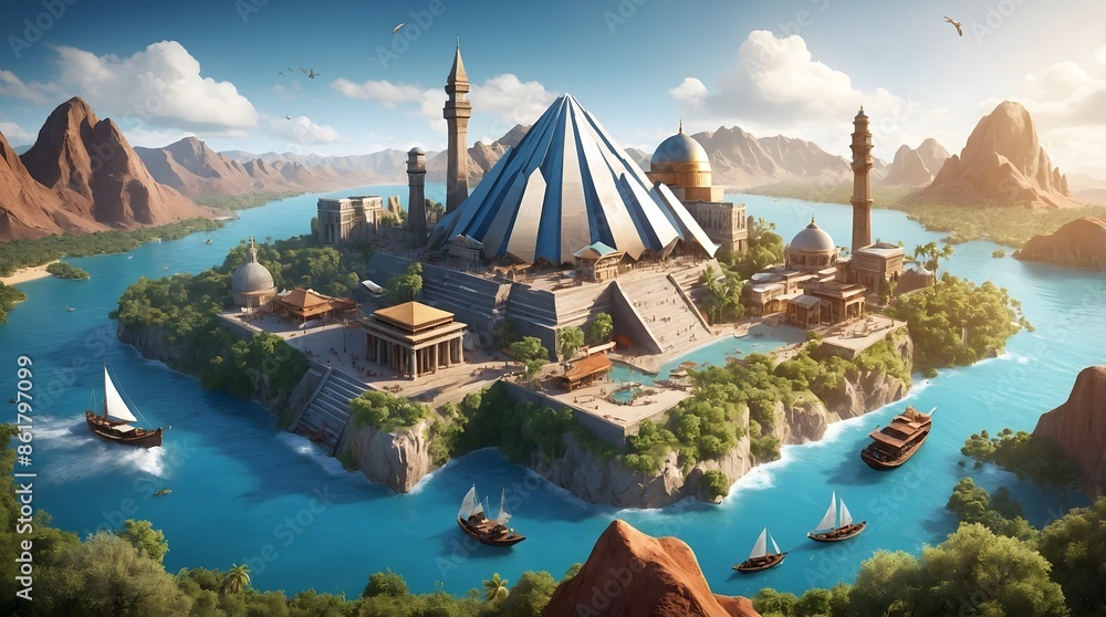 Fototapeta premium A captivating series of travel-themed illustrations featuring iconic destinations, landmarks, and adventure activities, blending diverse landscapes, cityscapes, and cultural elements to celebrate the 