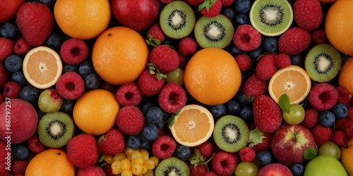 Farbenfrohes Ensemble aus Kiwis, Beeren, Orangen und Äpfeln, das eine gesunde und visuell ansprechende Auswahl an frischen Früchten darstellt photo