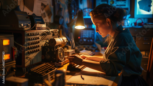 During the 1940s, a woman sits at a desk, working on spy gadgets and equipment in a dimly lit room at night.