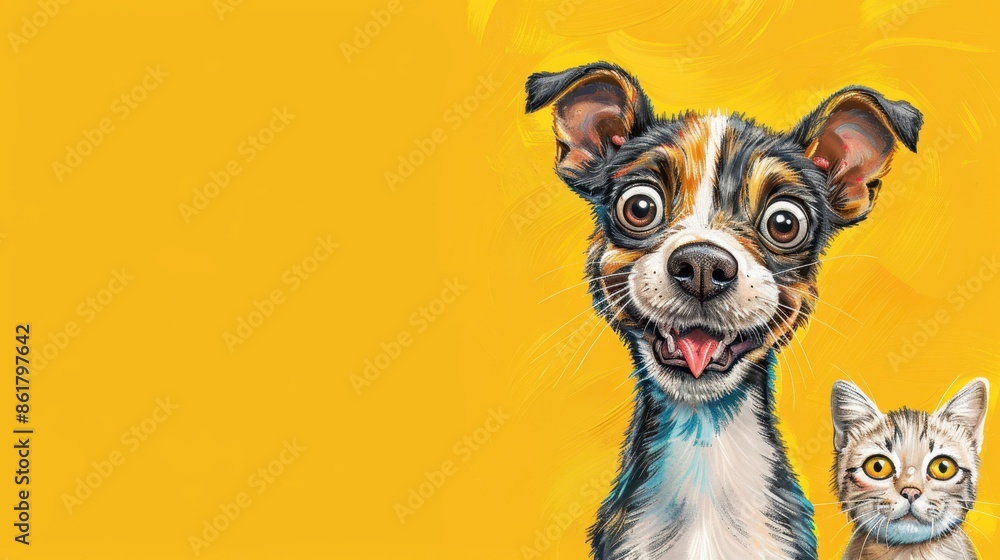 Funny cartoon dog and cat on a yellow background. Perfect for pet-related designs, banners, and advertisements. Funny cartoon dog and cat on a yellow background. Perfect for pet-related designs, banners, and advertisements.
