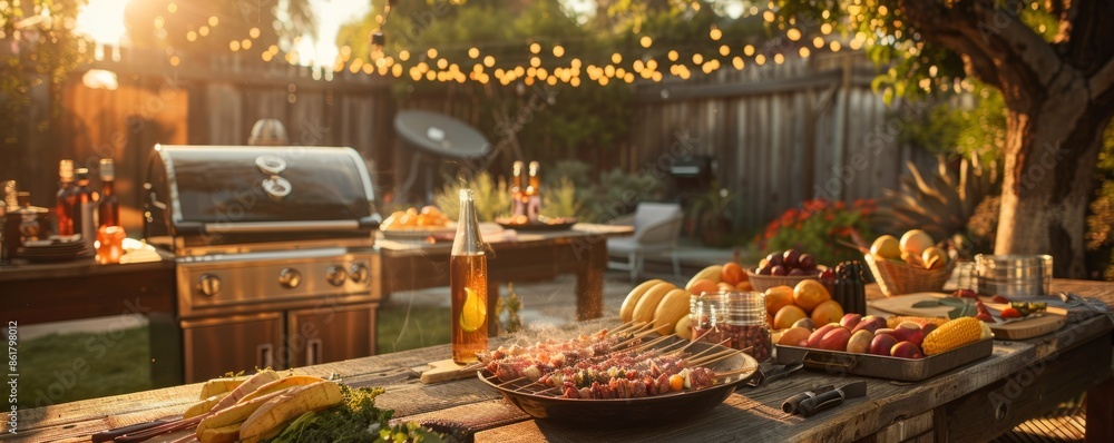A family hosting a festive backyard barbecue, with a sizzling grill and plenty of outdoor games. A family hosting a festive backyard barbecue, with a sizzling grill and plenty of outdoor games.