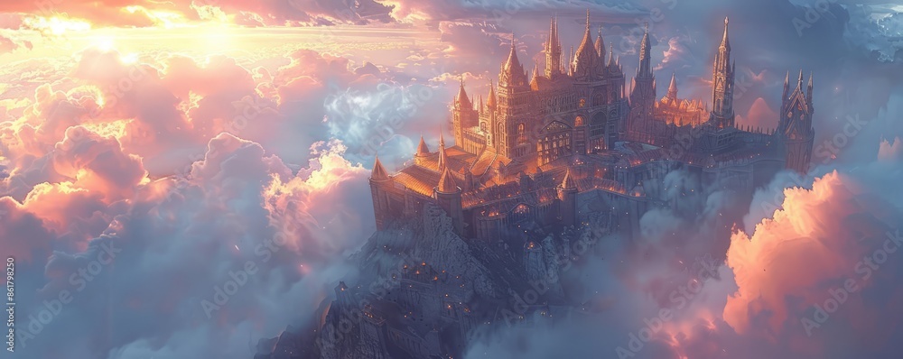 A majestic castle perched atop a cloud-piercing mountain, its spires reaching towards the heavens. A majestic castle perched atop a cloud-piercing mountain, its spires reaching towards the heavens.