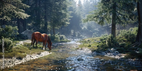 Paint a mysterious scene of a lone horse standing in a misty field, with soft, diffused light creating a magical atmosphere.