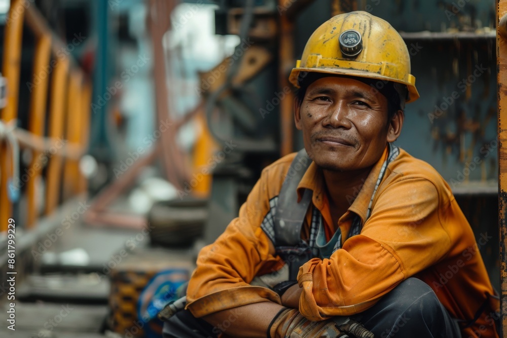 Candid shot of a worker taking a break, highlighting the human aspect of labor in industrial environments. Candid shot of a worker taking a break, highlighting the human aspect of labor in industrial environments.