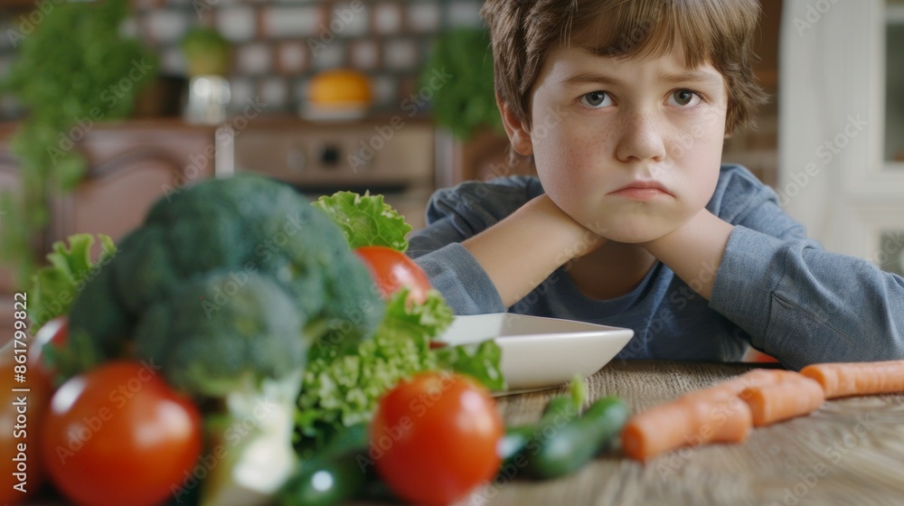 sad boy and bacon on a table full of vegetables sad boy and bacon on a table full of vegetables