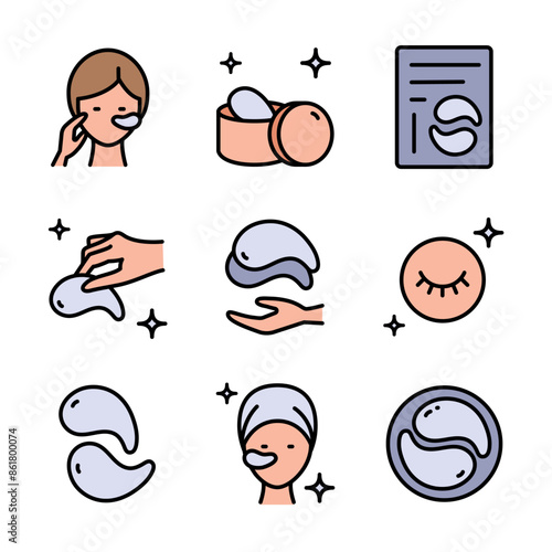 Eye gel patches color icons set. Simple illustrations of eye mask. Flat isolated vector signs set on white background. Trend care products signs collection.
