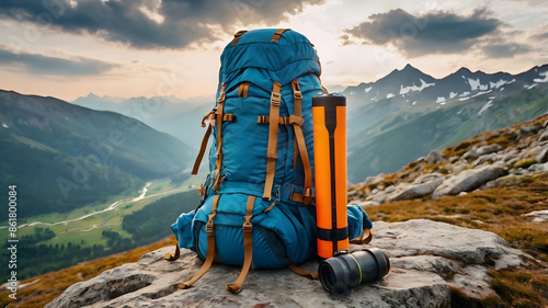 Backpack, trekking poles and sleeping mat in mountains, space for text. Tourism equipment