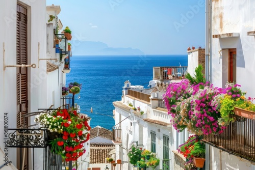 A breathtaking cityscape of a Mediterranean town with whitewashed buildings and colorful flowers adorning balconies © saadulhaq