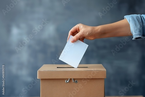A close-up of a hand placing a voting ballot into a brown ballot box, set against a dark, neutral background, symbolizing democracy, civic duty, and decision-making process.