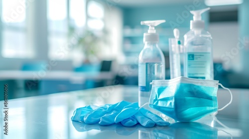 Medical gloves, masks and disinfectant on the background of a medical office