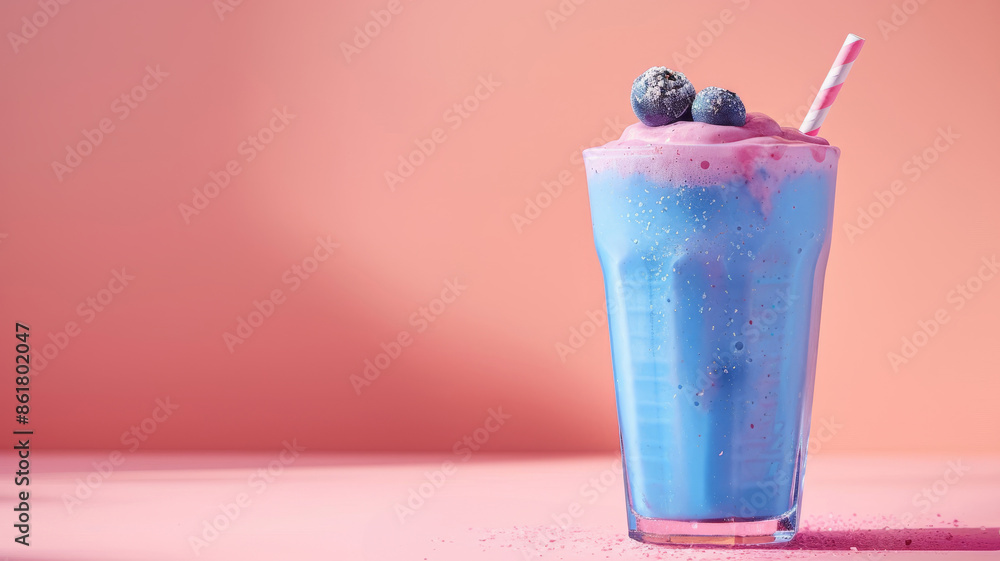 Blueberry smoothie in a tall glass with a pink straw on a pink background. Blueberry smoothie in a tall glass with a pink straw on a pink background.