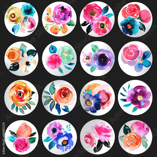 Whimsical Floral Watercolor Stickers Collection (No Background)