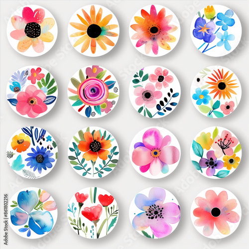 Whimsical Floral Watercolor Stickers Collection (No Background)