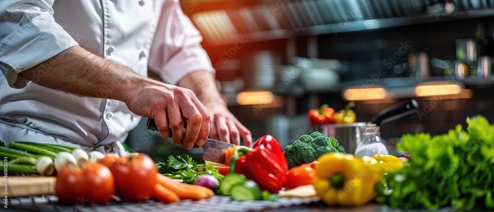 Professional Chef Preparing Fresh Vegetables in a Commercial Kitchen Professional Chef Preparing Fresh Vegetables in a Commercial Kitchen