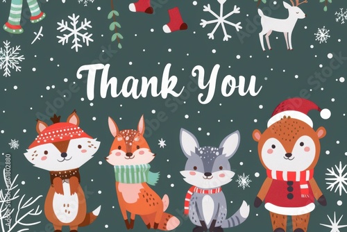 Cute Christmas thank you card with winter animals in festive attire and snowflakes