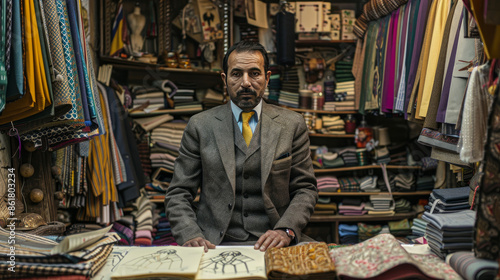 A thoughtful man sits in a tailor's shop, surrounded by sketches of clothes and colorful threads.