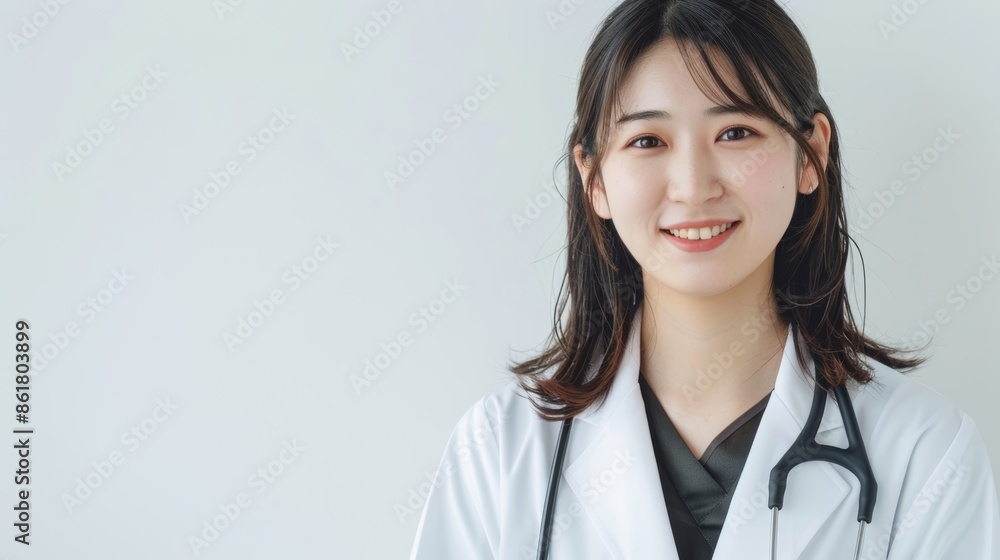 Asian female doctor in white isolated on white background, copy space for text Asian female doctor in white isolated on white background, copy space for text