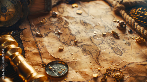 A treasure map with equipment for travel and gold nuggets is shown up close. photo