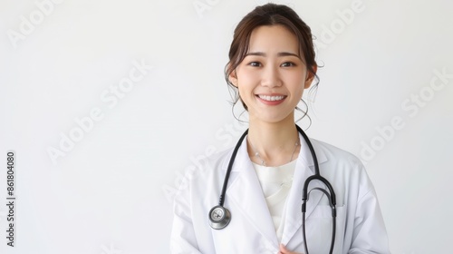 A photo of a young Asian female doctor in a white coat and stethoscope, copy space for text