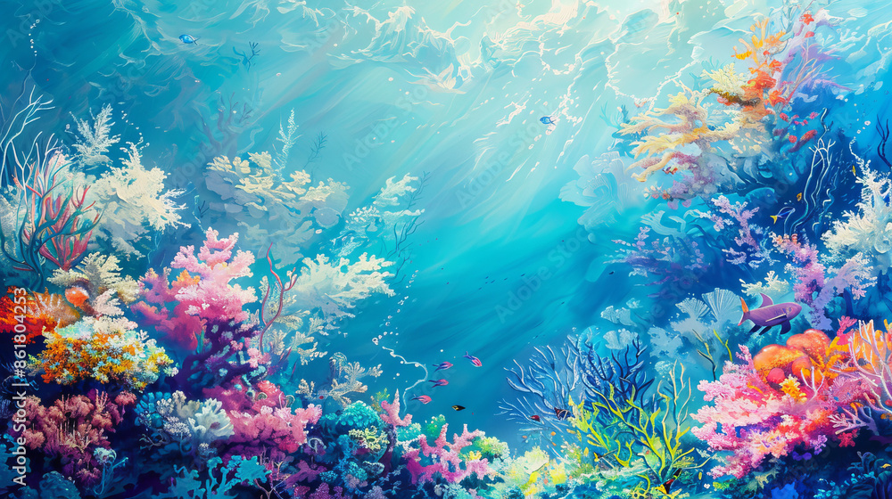 A vibrant underwater scene features a coral reef teeming with algae. The backdrop is a serene blue, creating a sense of tranquility. A vibrant underwater scene features a coral reef teeming with algae. The backdrop is a serene blue, creating a sense of tranquility.