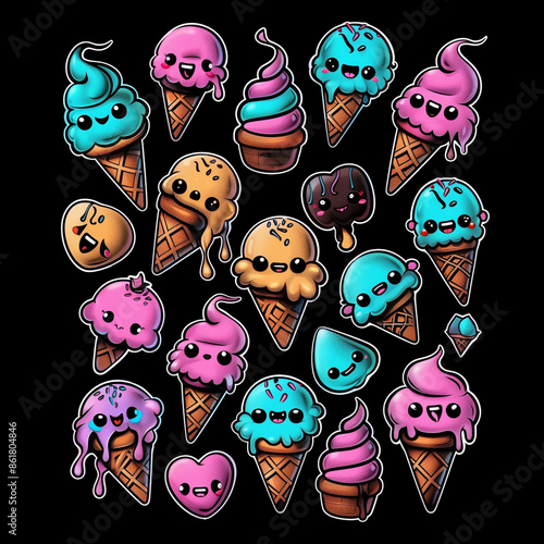 Cute and Colorful Kawaii Ice Cream Stickers (No Background)