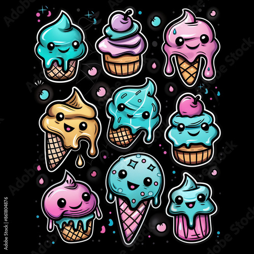 Cute and Colorful Kawaii Ice Cream Stickers (No Background)
