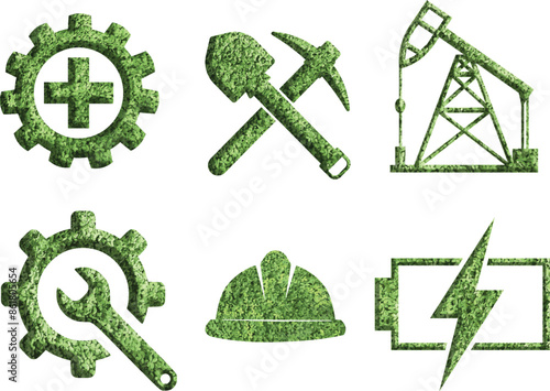 set of industrial icon made from green grass or leaves, as a symbol environmentally friendly industry, mining, oil and gas, and other industry..