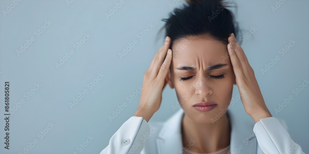 Stressed woman with a headache holding her head in pain. Concept Stress Management, Headache Relief, Mental Health Tips, Self-Care Practices Stressed woman with a headache holding her head in pain. Concept Stress Management, Headache Relief, Mental Health Tips, Self-Care Practices