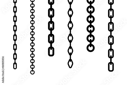 Various hanging chains. Black silhouette. Vertical front side view. Vector simple flat graphic illustration. Isolated object on a white background. Isolate.