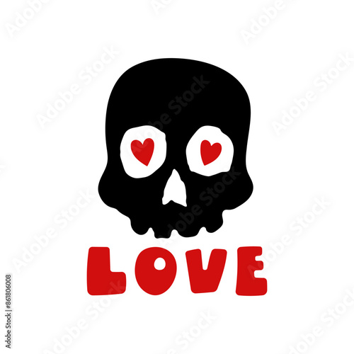 Skull, hearts and word love icon. Colored silhouette. Front view. Vector simple flat graphic hand drawn illustration. Isolated object on a white background. Isolate.