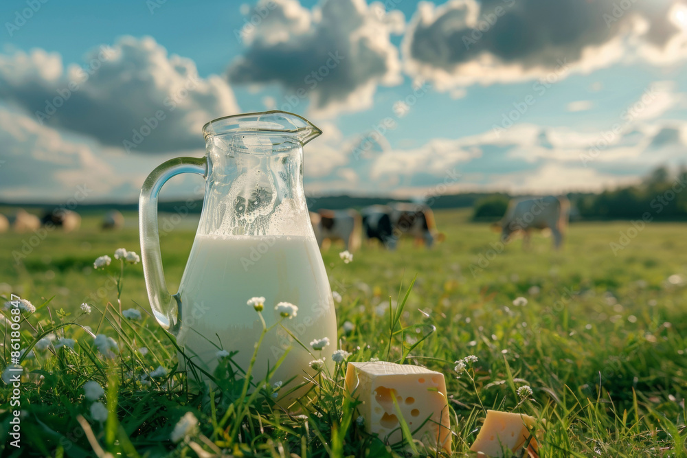 Fresh milk and cheese placed on a green meadow with cows grazing in the background under a blue sky with fluffy clouds. Fresh milk and cheese placed on a green meadow with cows grazing in the background under a blue sky with fluffy clouds.