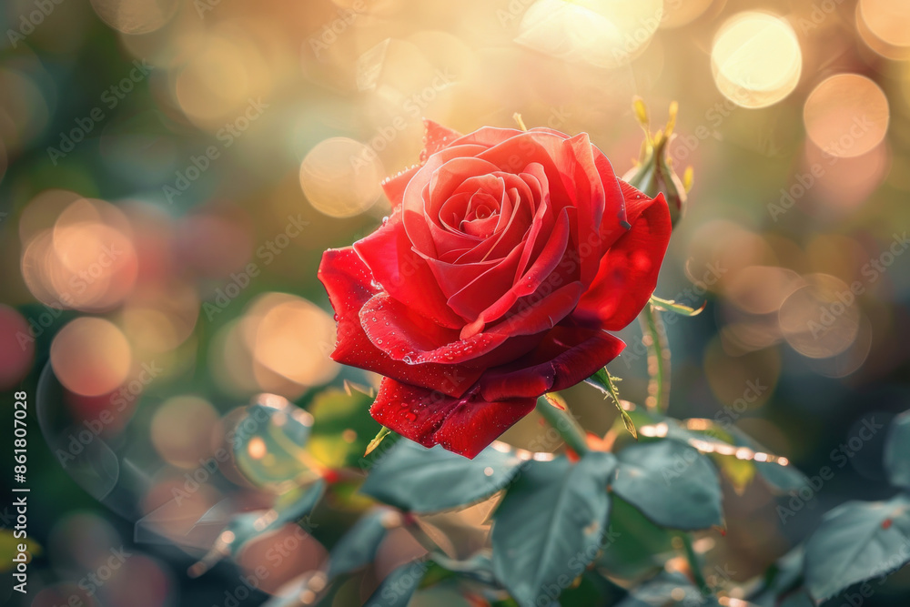 Vibrant Red Rose in Sunlit Garden with Bokeh Background Vibrant Red Rose in Sunlit Garden with Bokeh Background
