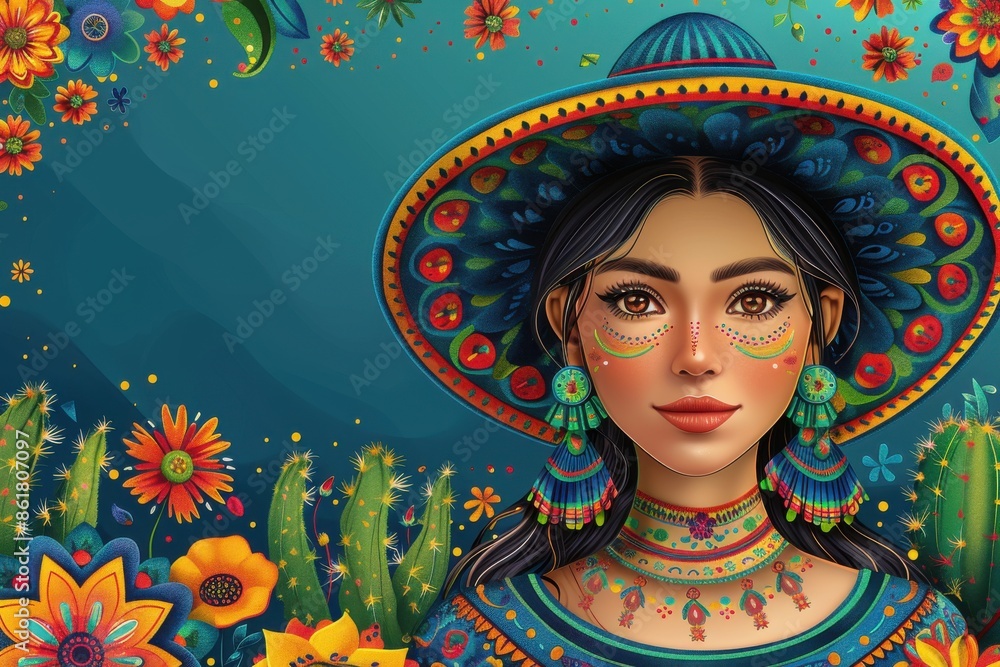 Mexican Woman in Sombrero with Flowers and Cactus. Mexican Woman in Sombrero with Flowers and Cactus.