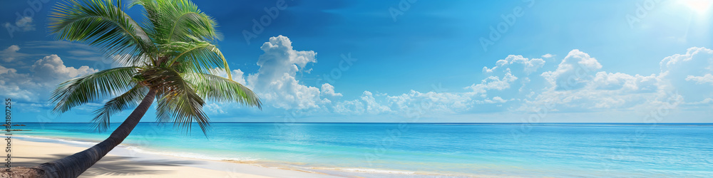 Paradise Island panorama. Tropical beach with palm tree and turquoise water. Paradise Island panorama. Tropical beach with palm tree and turquoise water.