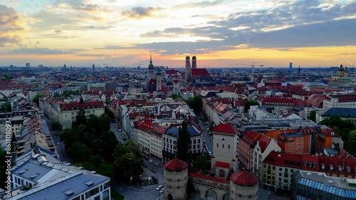 Aerial view of Munich city center at sunset. Munich, Germany