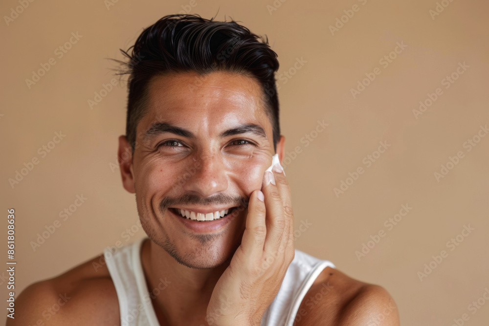 A cheerful Latino man applying face cream with a smile against a beige background A cheerful Latino man applying face cream with a smile against a beige background