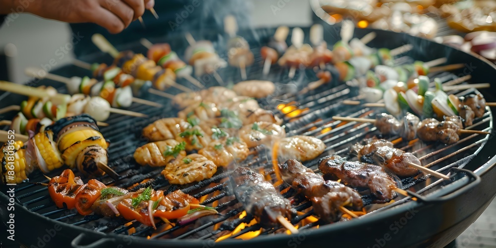 Preparing food on round barbecue grill over open flame for barbecue. Concept Cooking, BBQ, Grilling, Outdoors, Food Preparing food on round barbecue grill over open flame for barbecue. Concept Cooking, BBQ, Grilling, Outdoors, Food