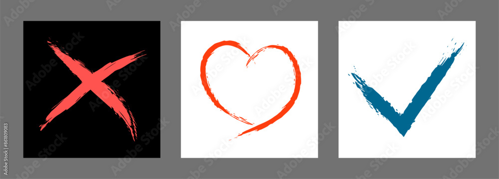 The cross, heart and OK symbol are hand-drawn with a brush. Prohibition, denial, error. Love. Approval, consent. Vector, set of 3 characters The cross, heart and OK symbol are hand-drawn with a brush. Prohibition, denial, error. Love. Approval, consent. Vector, set of 3 characters