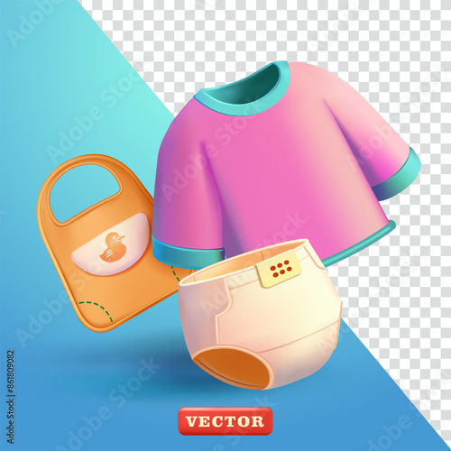 Baby clothes, aprons, shirts and diapers, 3d vector. Suitable for design elements
