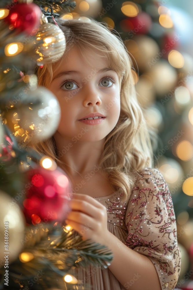 A young girl with blonde hair looks up as she decorates a Christmas tree with ornaments and lights