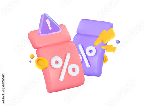 Two coupons with coins and a lightning bolt symbol. Vector 3D illustration for sales, promotions, and cashback.