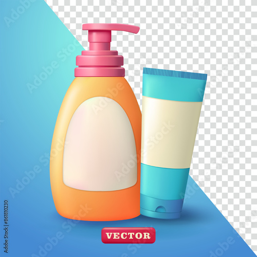 Toiletries, shampoo and facial cleanser bottles, 3d vector. Suitable for design elements