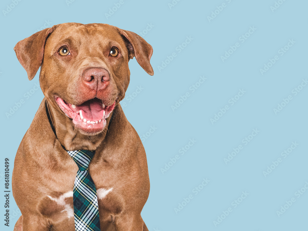 Cute dog and stylish tie. Isolated background. Close-up, indoors. Studio shot. Day light. Beauty and fashion. Concept of care, education, training and raising pets Cute dog and stylish tie. Isolated background. Close-up, indoors. Studio shot. Day light. Beauty and fashion. Concept of care, education, training and raising pets