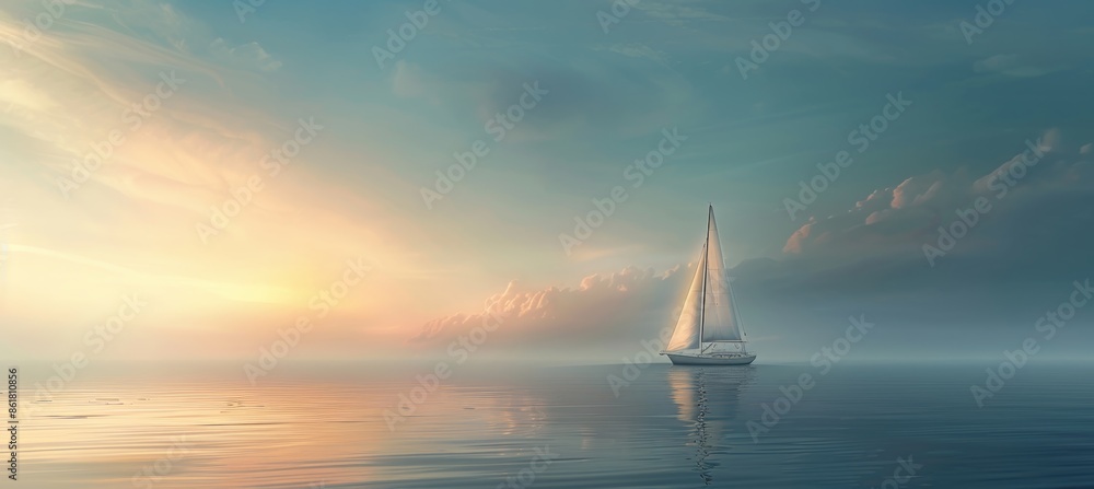 Fototapeta premium Peaceful Morning Sailboat on Calm Sea at Dawn with Tranquil Sky - Nautical Serenity for Posters and Cards