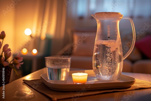 Serene Spa Retreat with Glass Water Pitcher on Tray, Candles, and Relaxing Decor for Home Relaxation photo