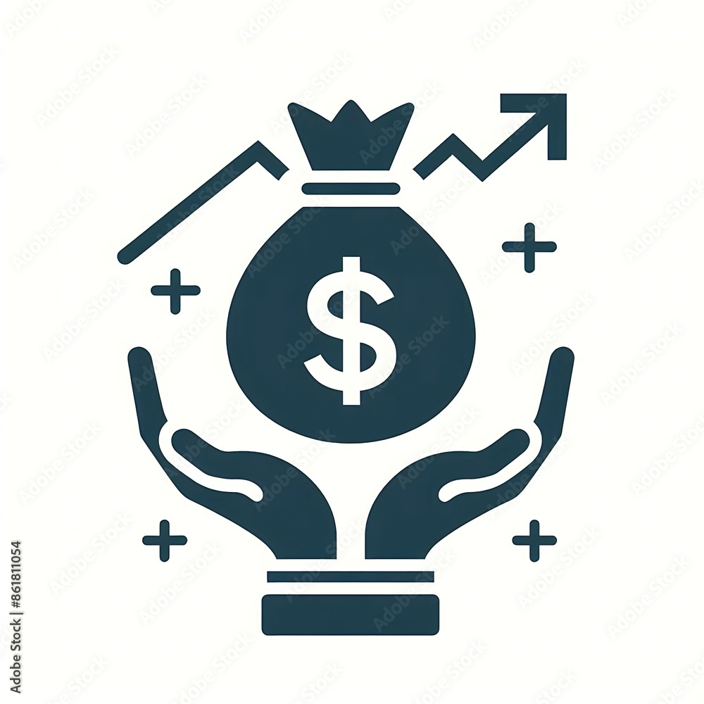 Hands holding money bag with upward arrow for growing money on white background, profitable investment concept, graphic illustration image generative ai Hands holding money bag with upward arrow for growing money on white background, profitable investment concept, graphic illustration image generative ai