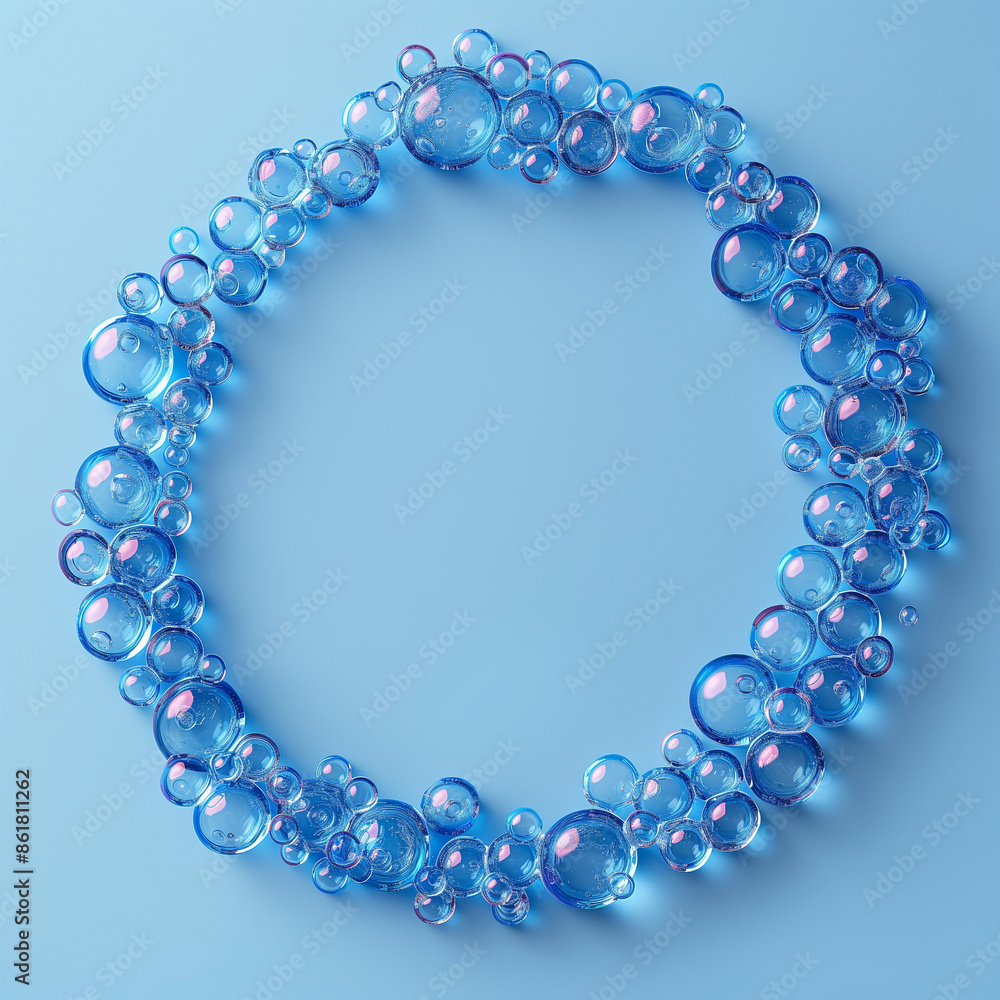 Obraz premium Blue bubbles in circle on plain background, space in the middle